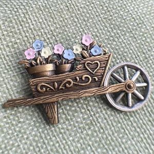 Vintage J.J. Signed Flower Cart Pin Brooch Gardener Gift